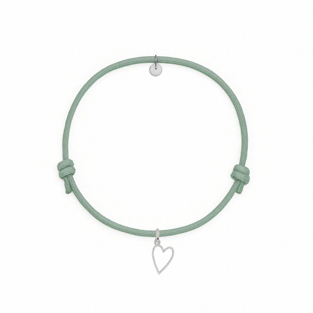 bracciale corda verde salvia con ciondolo cuore sagoma argento 925