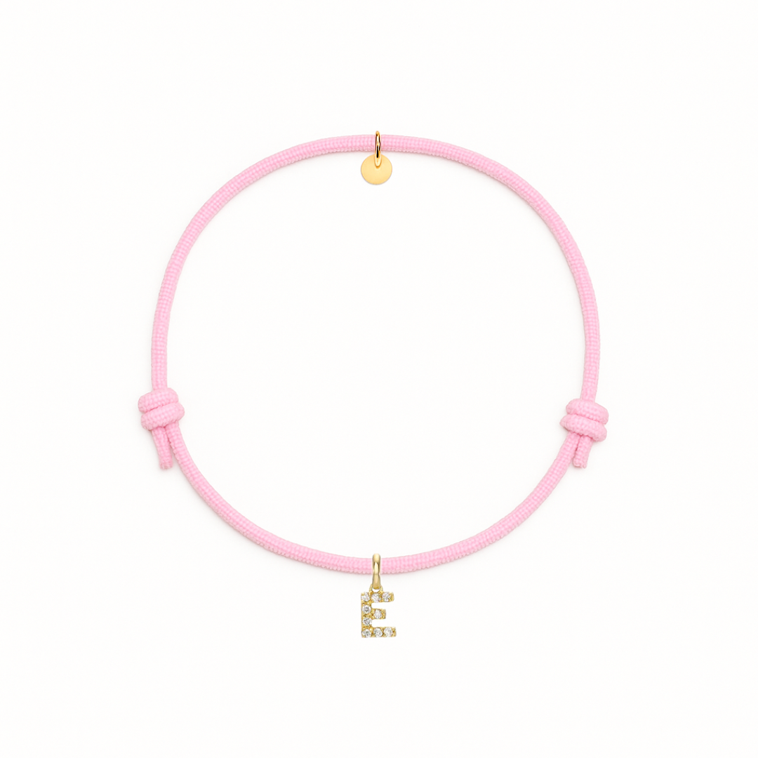 bracciale con cordino rosa oro con iniziale E