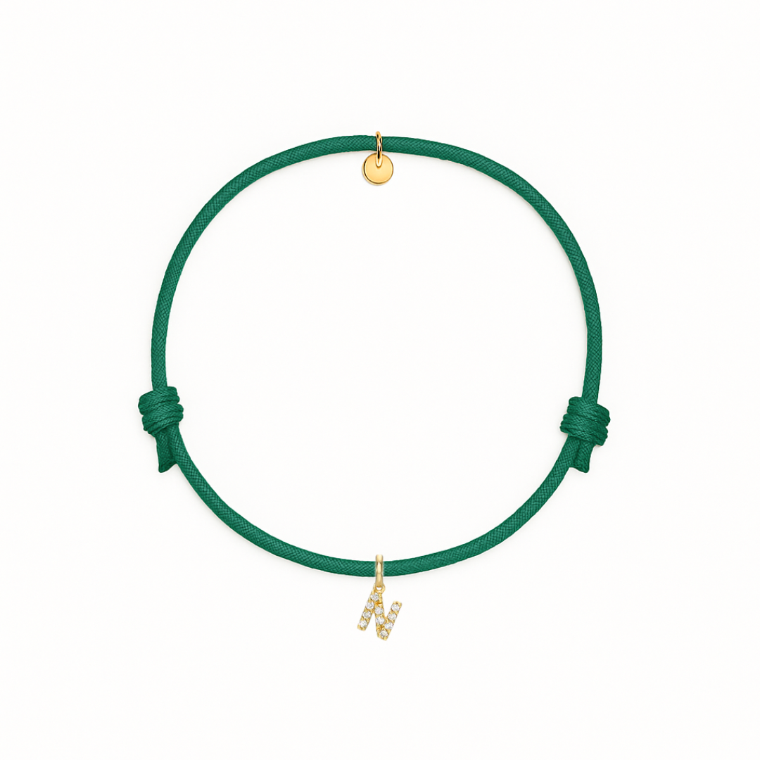 bracciale con cordino verde oro con iniziale N
