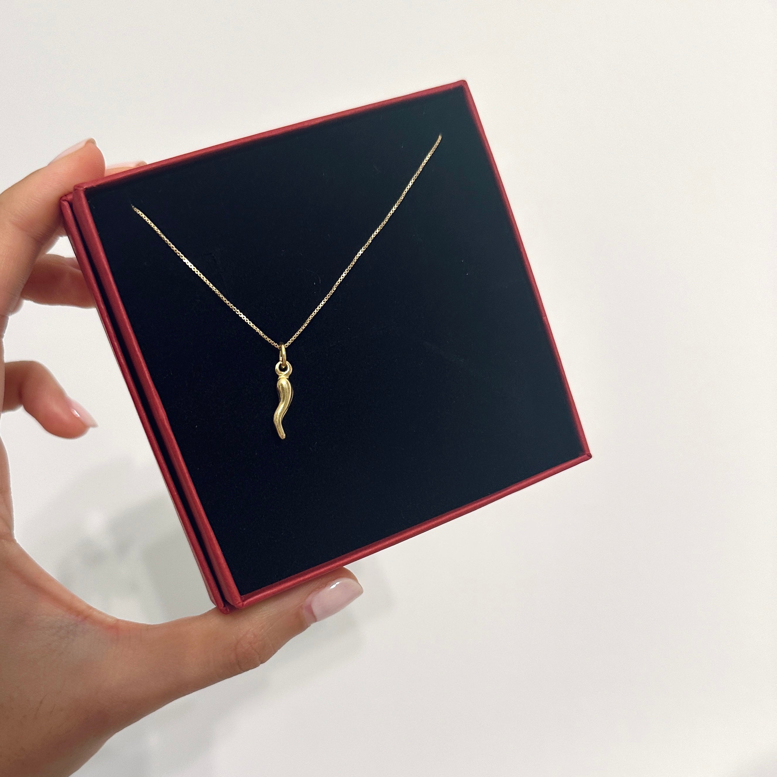 catenina con ciondolo dorato a forma cornetto portafortuna in argento 925