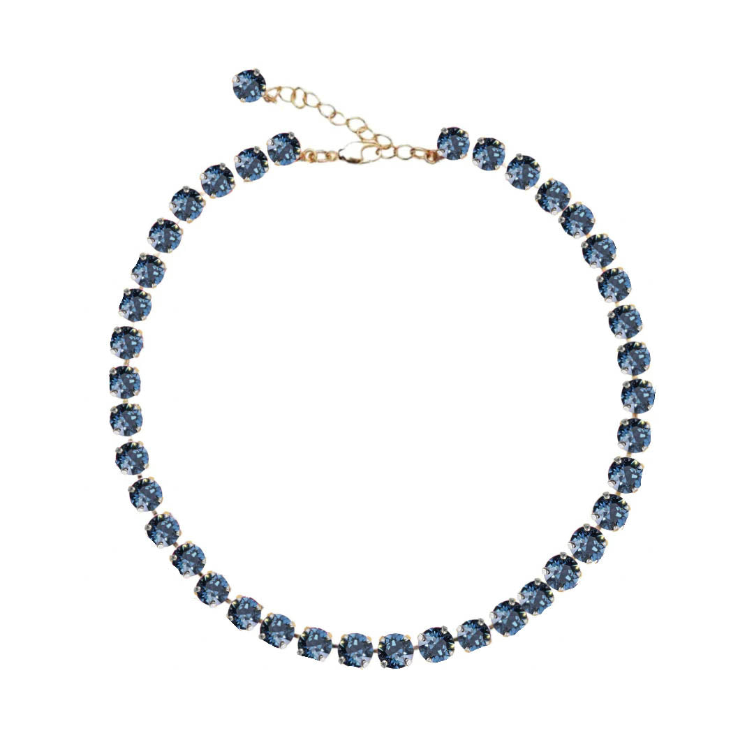 collana tennis dorata con cristalli blu jeans
