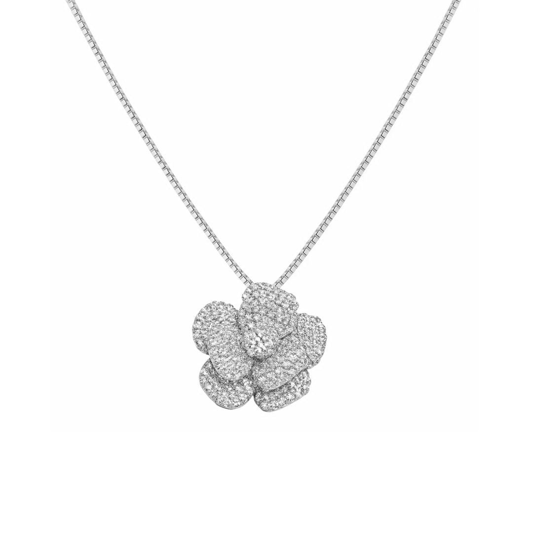 collana con fiore camelia in variante argento con swarovski