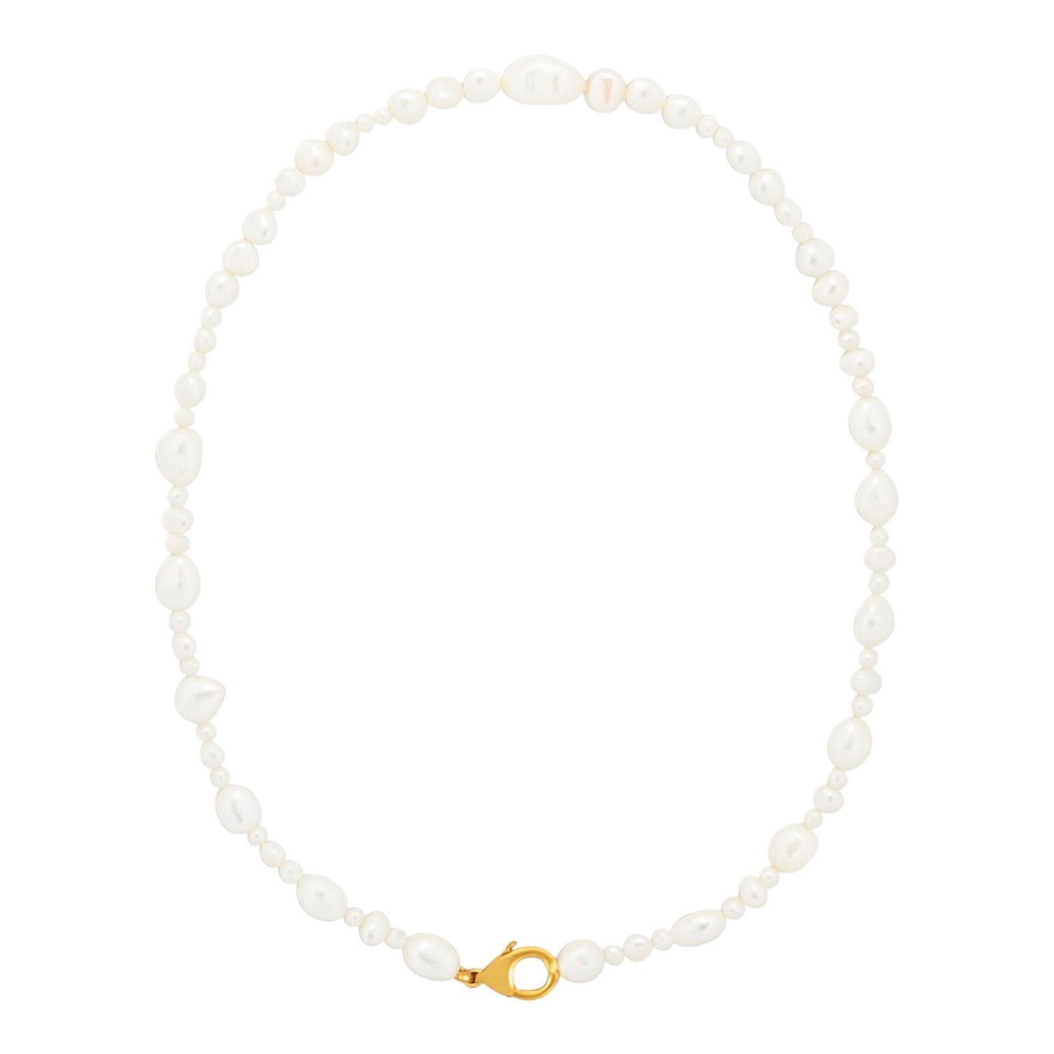 collana con perle di diverse dimensioni e moschettone dorato grande apribile