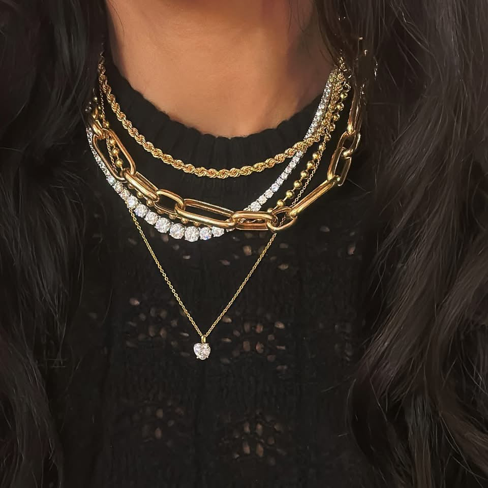 collane mix and match indossate catena ovale, collana cuore solitario, tennis degradè, funetta medium