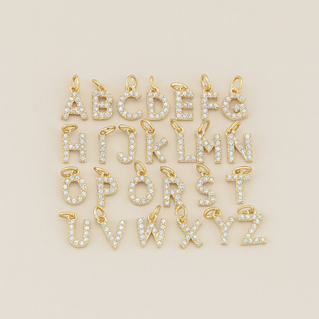 ciondoli lettere dorate in argento 925 e zirconi