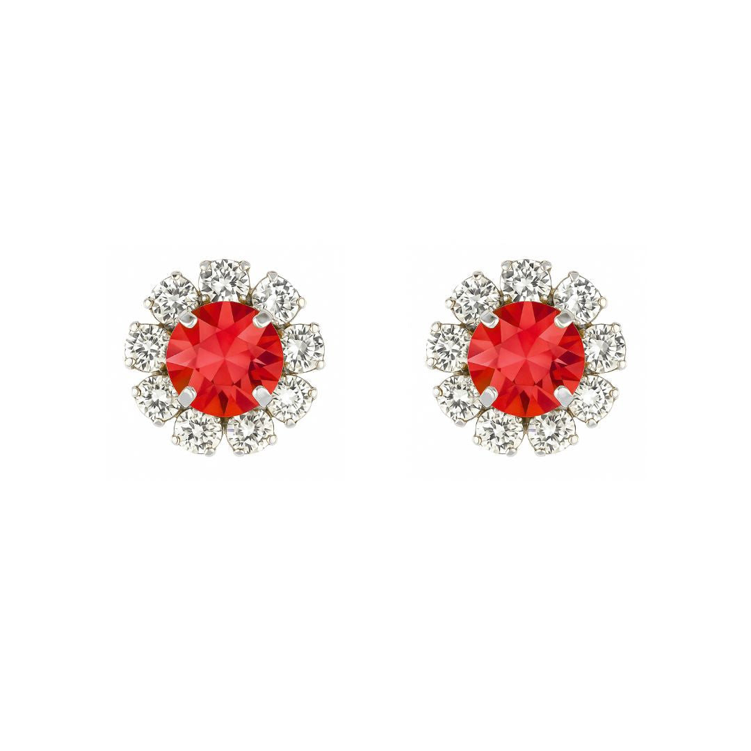 orecchini a lobo color argento con swarovski centrale rosso