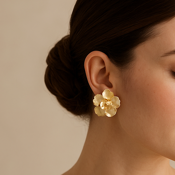 orecchini fiore tridimensionale oro indossati grandi