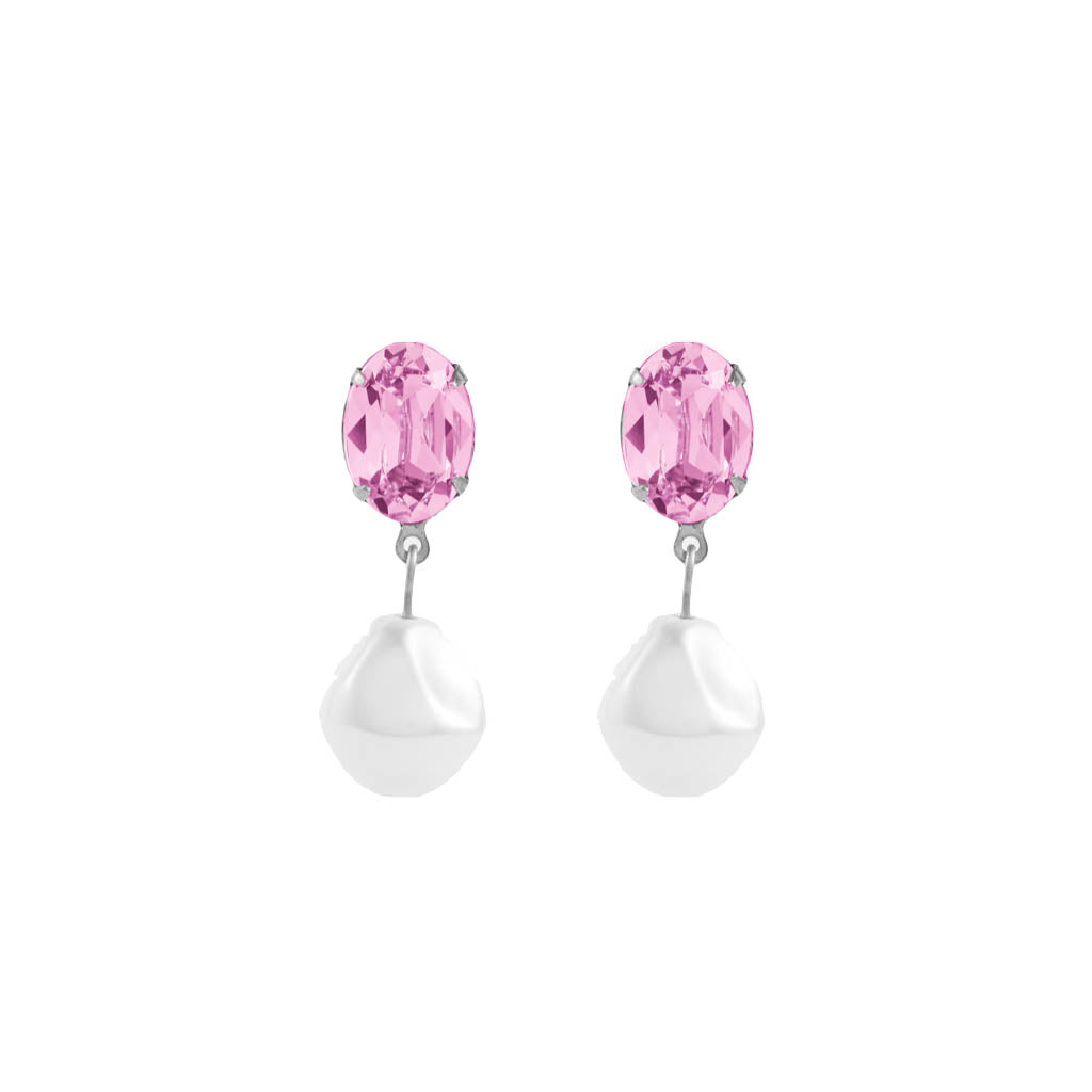 orecchini con ovale in swarovski rosa e pendente perla con rifinitura argento