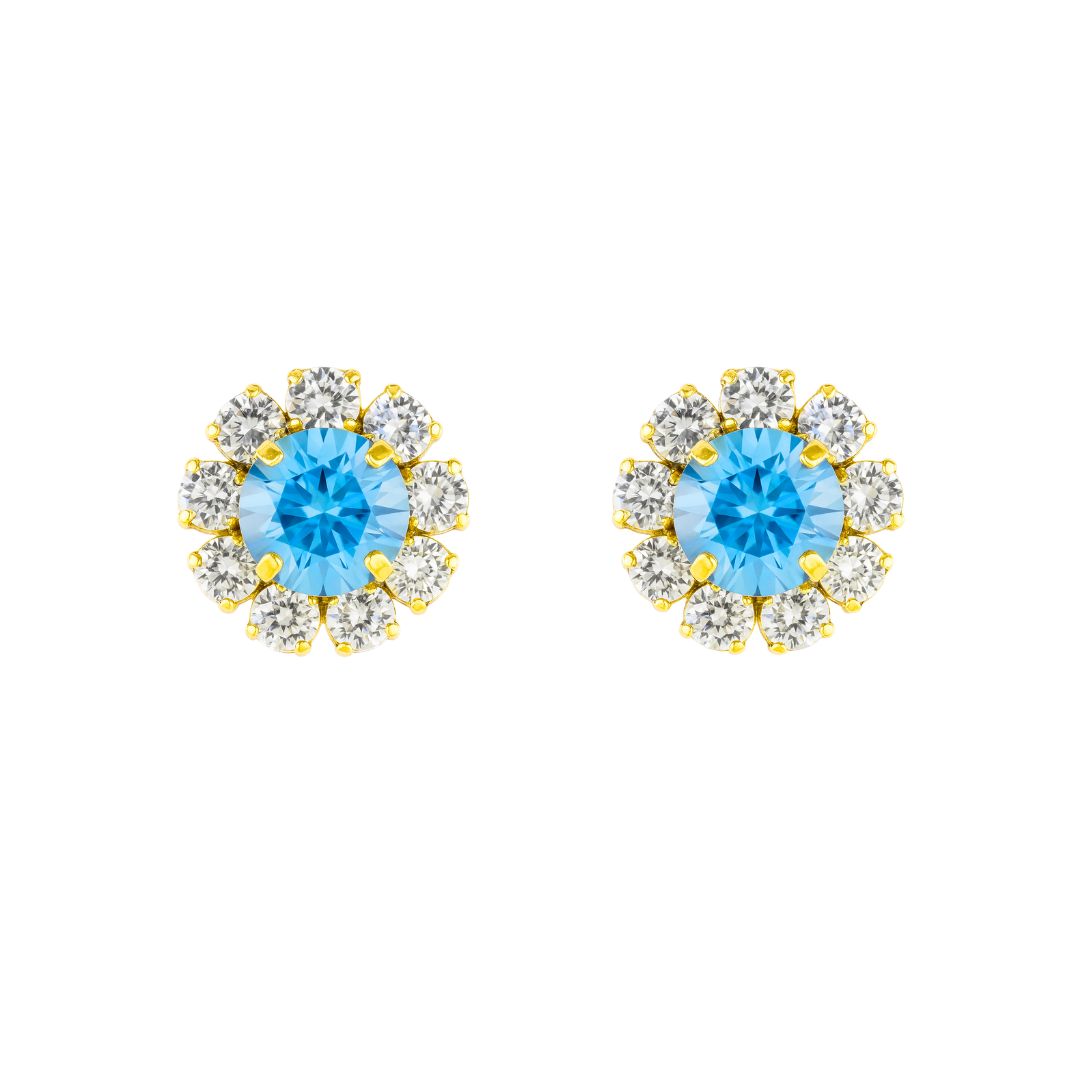 orecchini a forma di fiore oro con swarovski centrale celeste