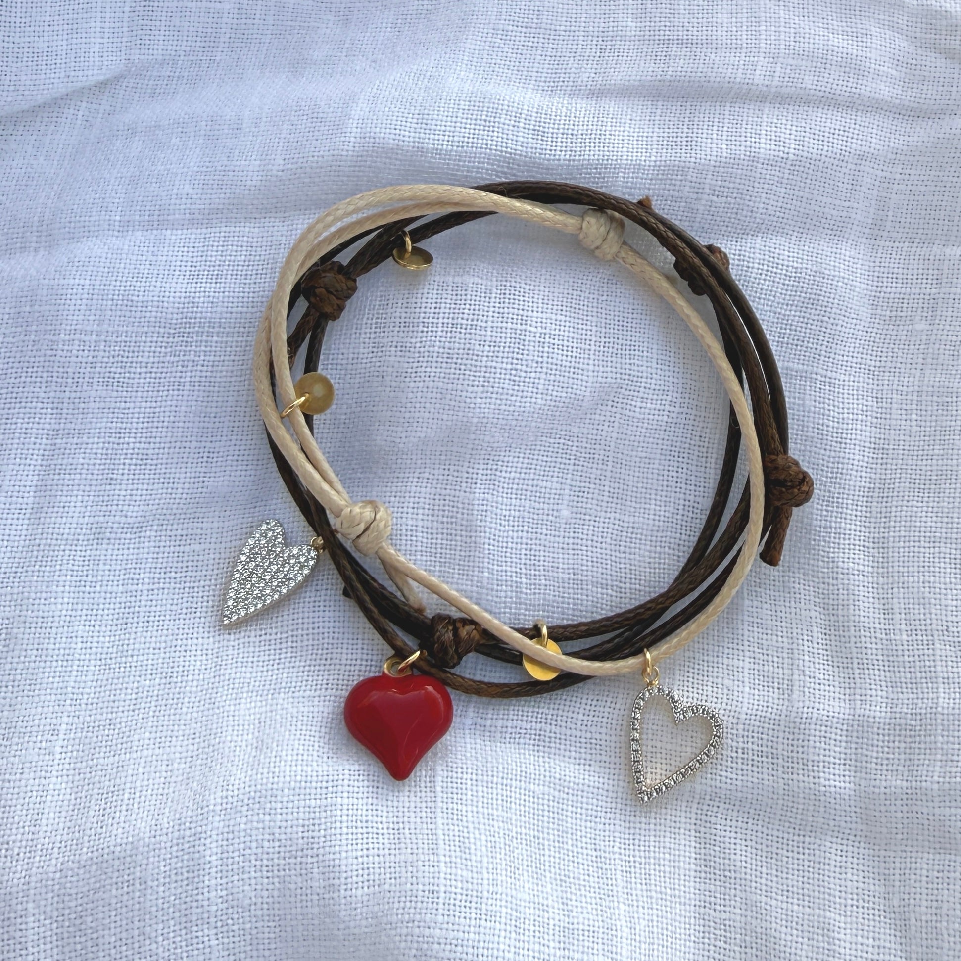 set bracciali: bonheur, cuore smaltato rosso e petit coeur