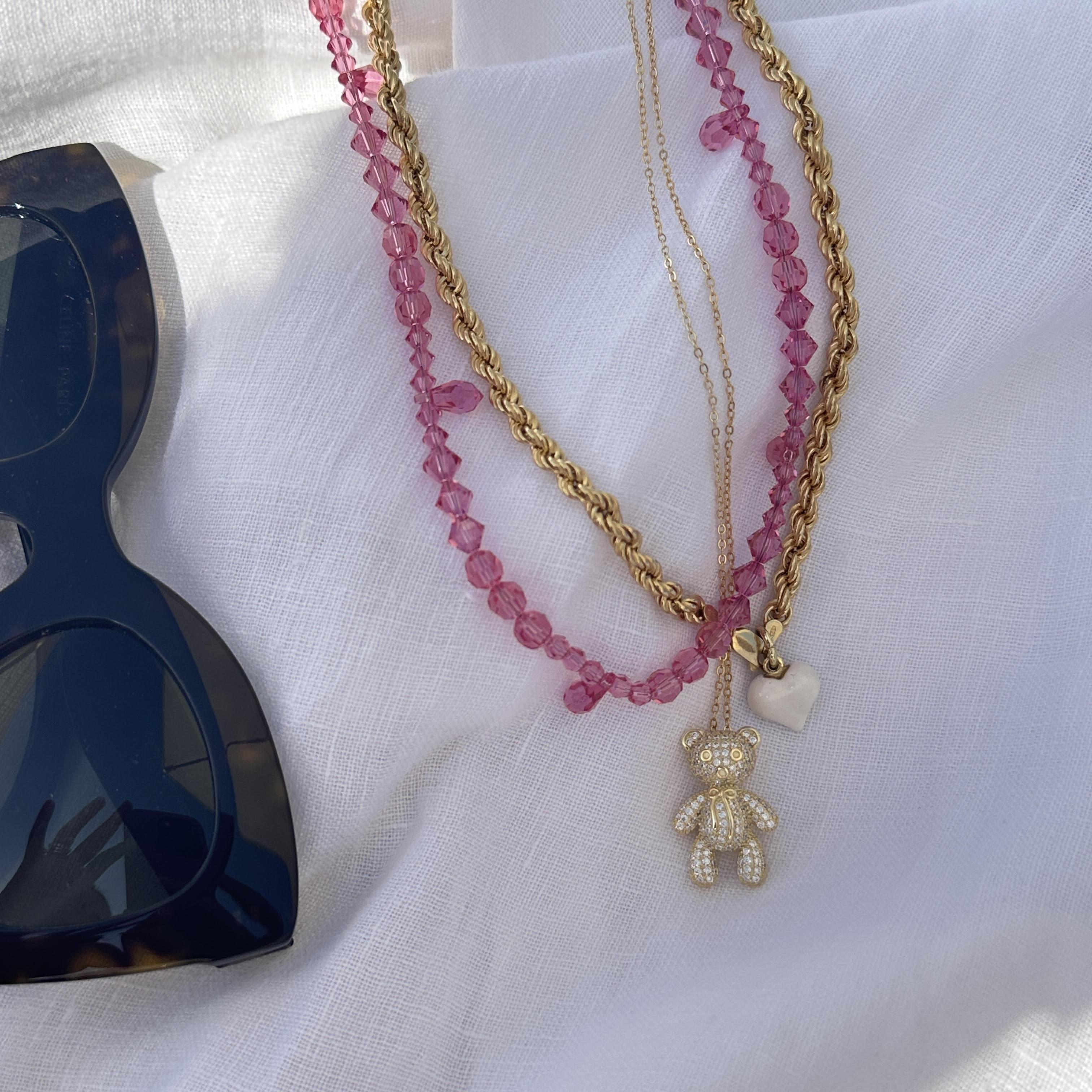 set di collane: teddy,rugiada e con cuore smaltato perfette per celebrare la nascita di una bimba