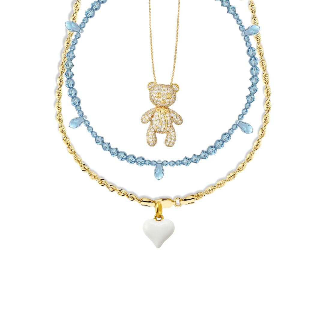 set collane:teddy,rugiada,cuore smaltato per la nascita di un maschietto