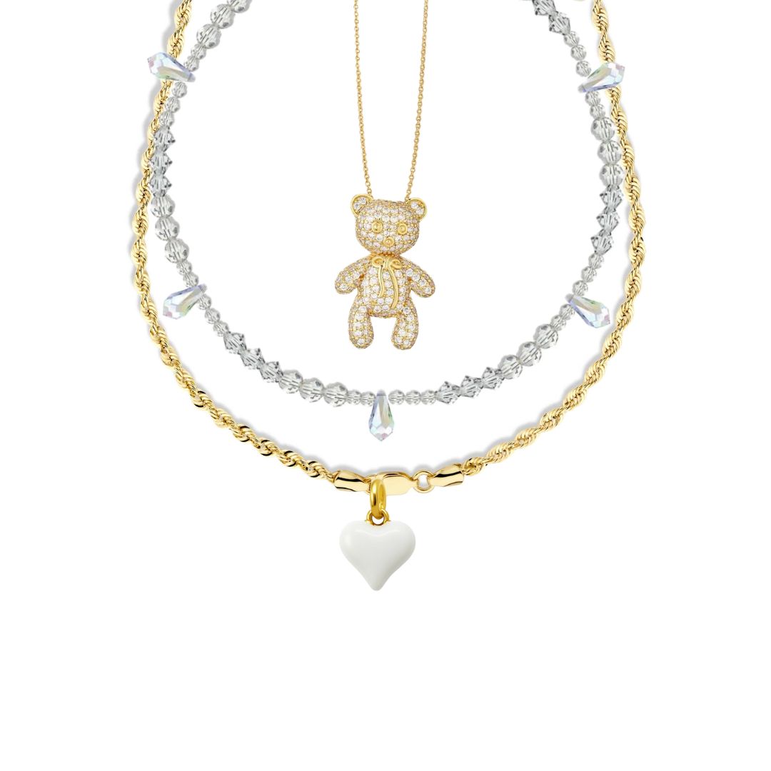 set collane:teddy,rugiada,cuore smaltato per la nascita di un bambino