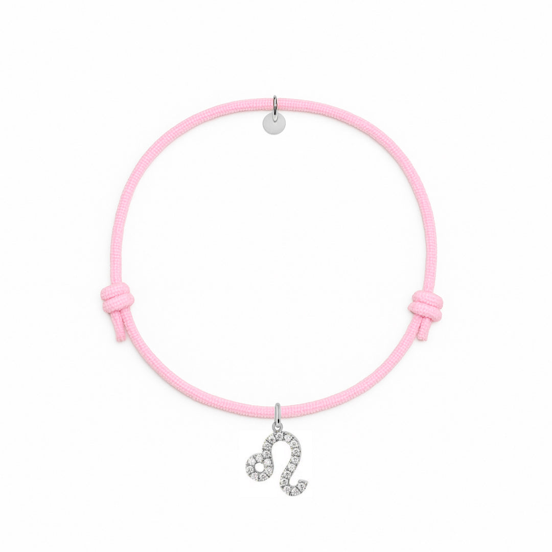 bracciale con cordino rosa e ciondoli in argento e zirconi