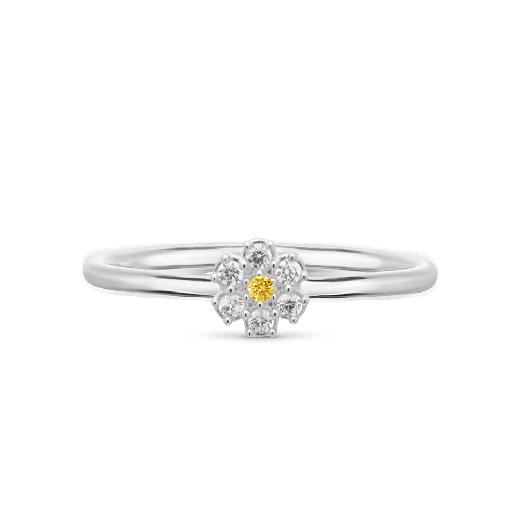 anello con fiore margherita in argento 925 e zirconi trasparenti e giallo