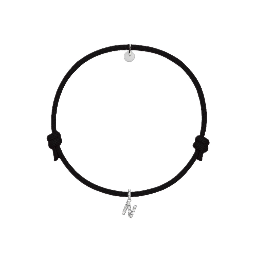 bracciale con cordino nero con iniziale N argento