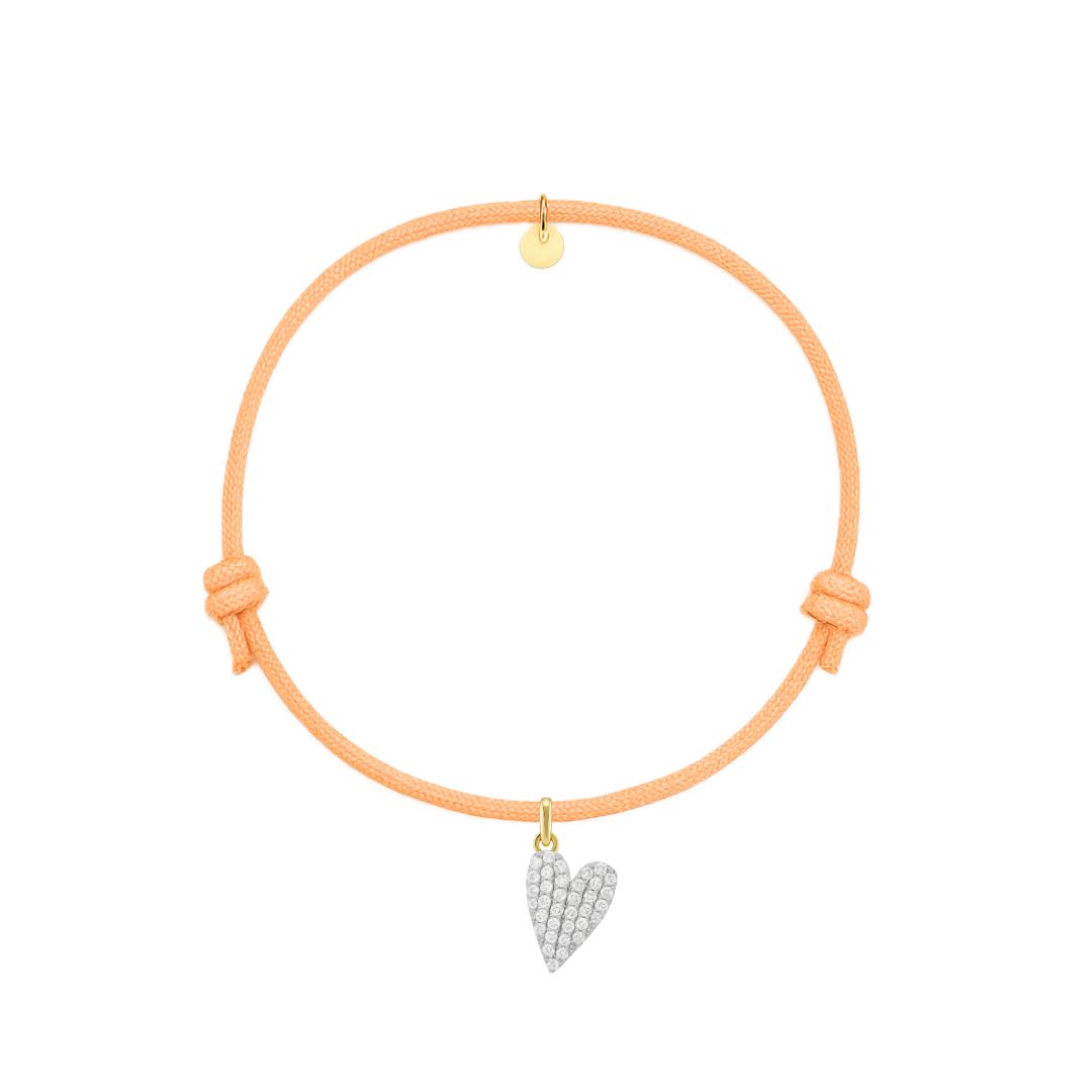 bracciale in cordino arancione con ciondolo a cuore pavè
