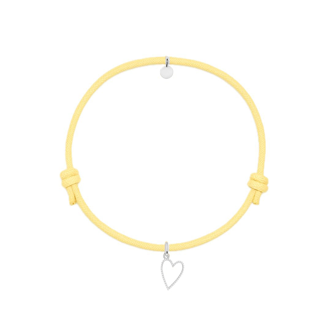 bracciale corda gialla con ciondolo sagoma cuore in argento 925 e zirconi