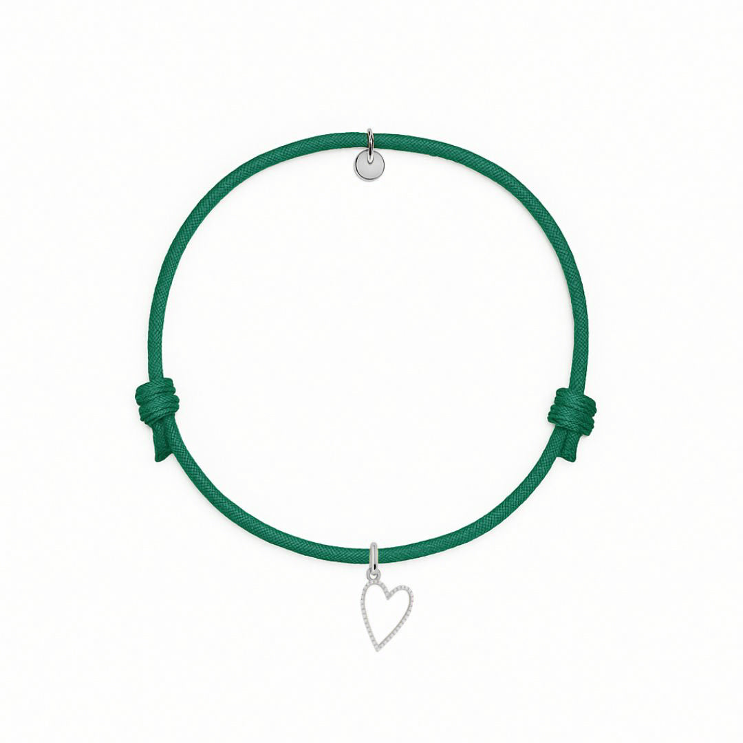 bracciale corda verde smeraldo con ciondolo sagoma cuore in argento 925