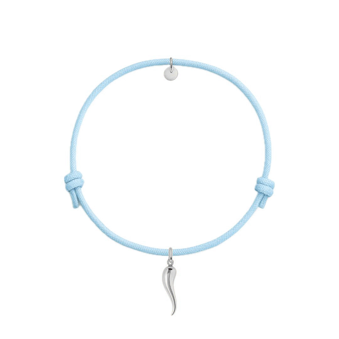 bracciale cordino azzurro con ciondolo cornetto portafortuna in argento 925