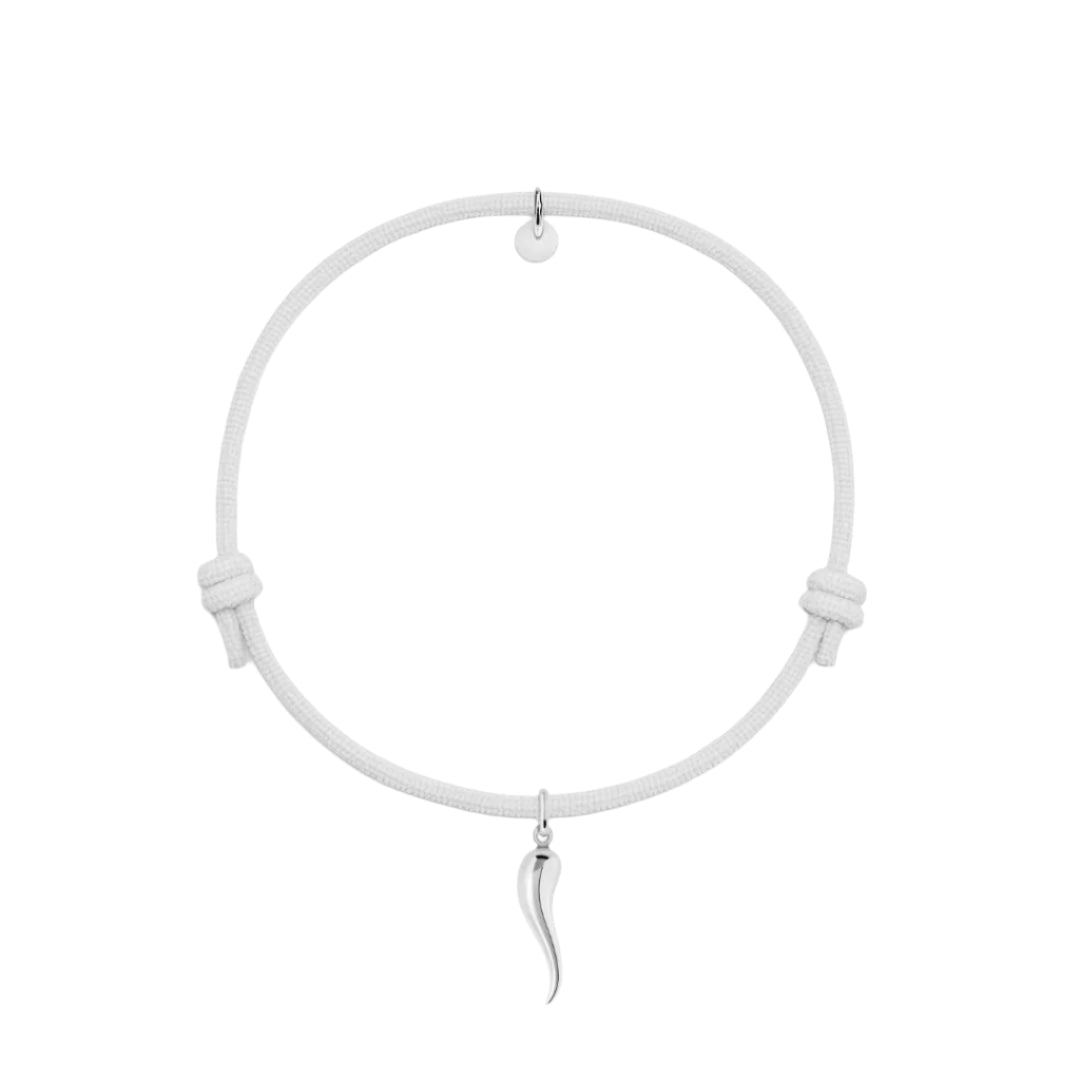bracciale cordino bianco con ciondolo cornetto portafortuna in argento 925