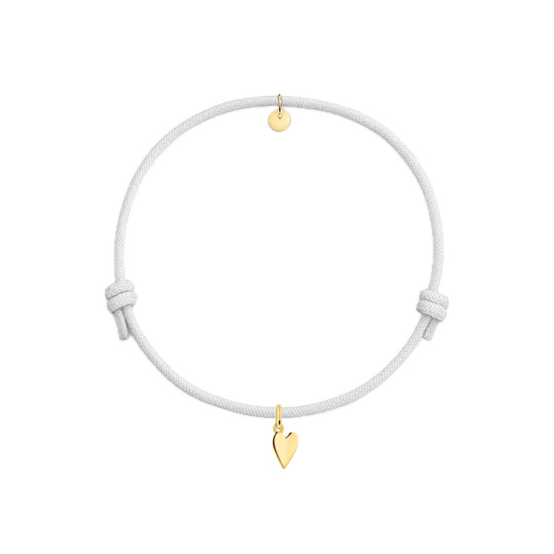 bracciale personalizzabile con cordino bianco e ciondolo a forma di cuore dorato