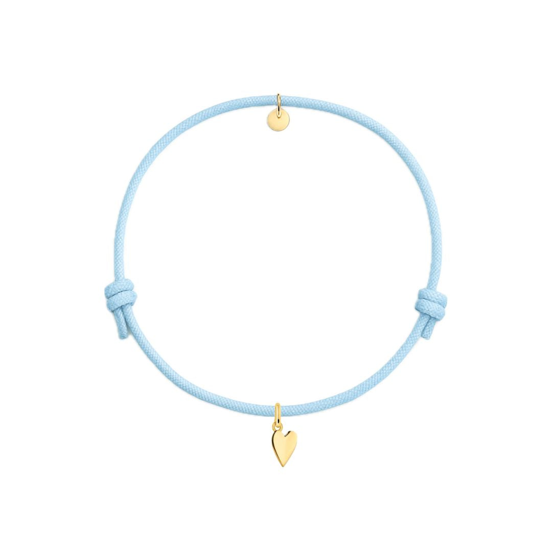 bracciale cordino celeste con ciondolo dorato a forma di cuore in argento 925