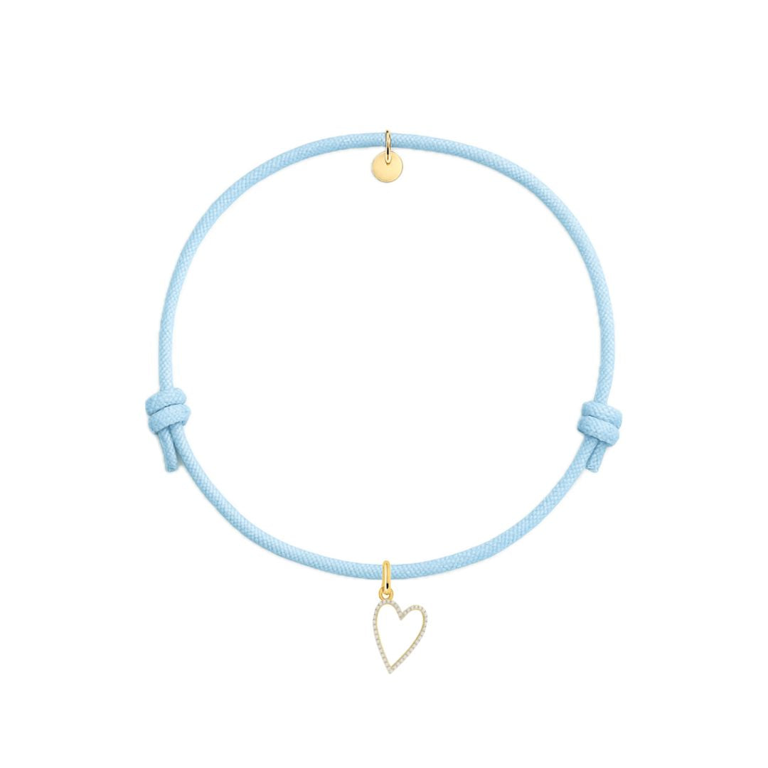 bracciale cordino celeste con ciondolo sagoma cuore oro