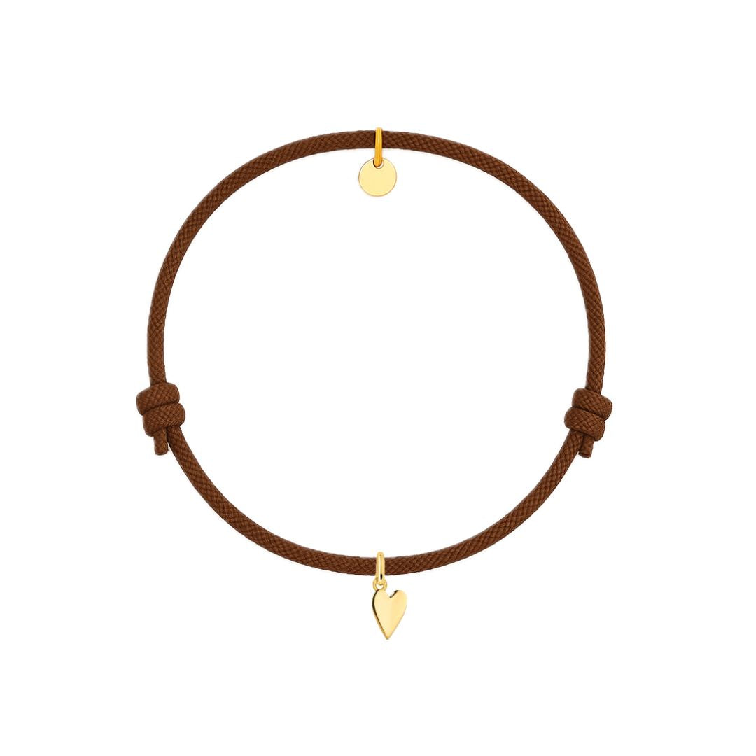 bracciale cordino marrone con ciondolo a forma di cuore dorato in argento 925