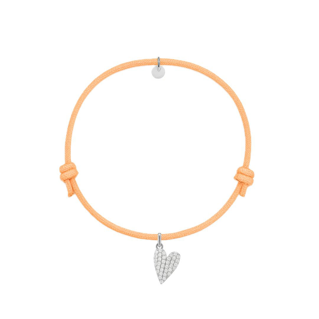 bracciale in cordino arancione con ciondolo a cuore in pavè di diamanti