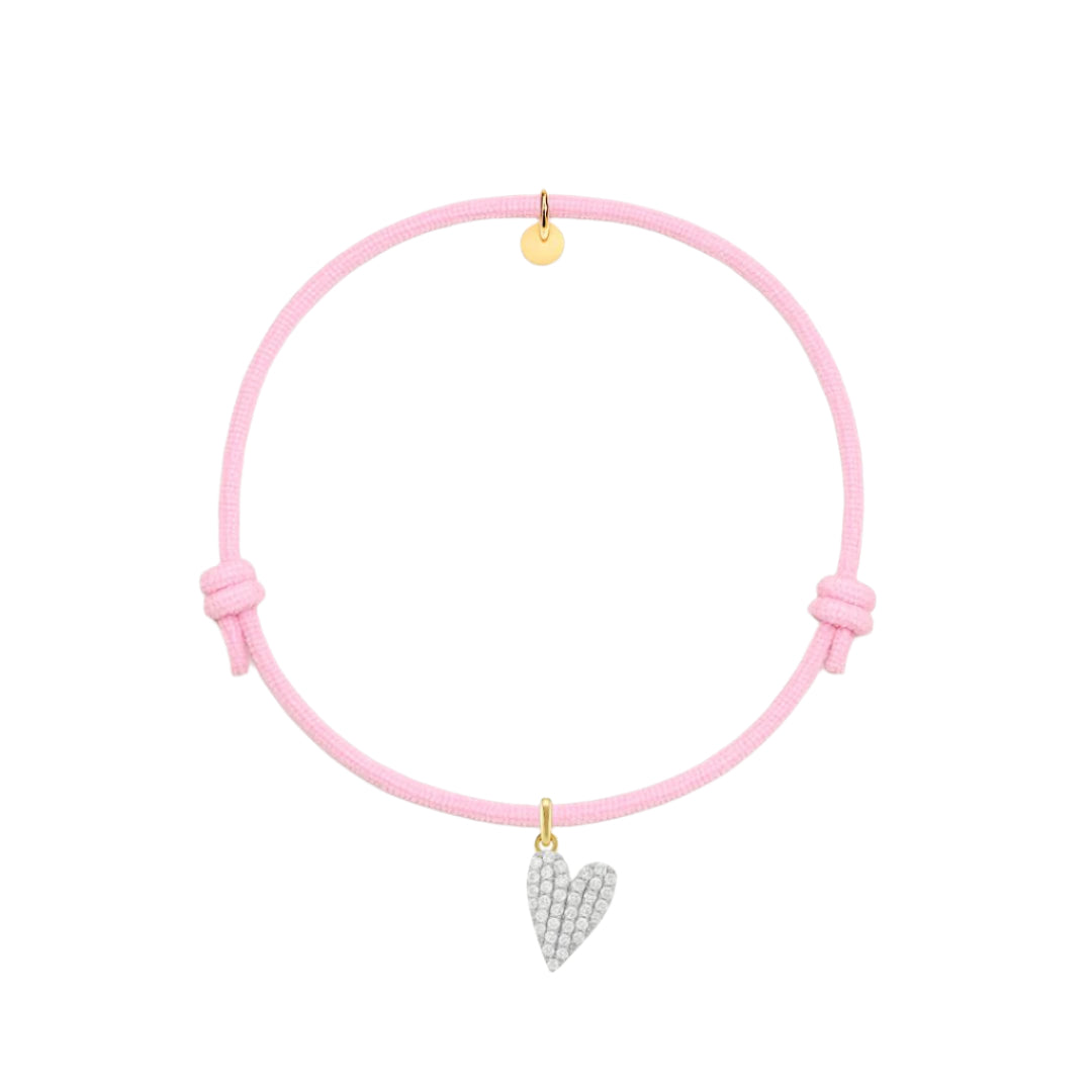 bracciale in cordino rosa con ciondolo a cuore in pavè di diamanti