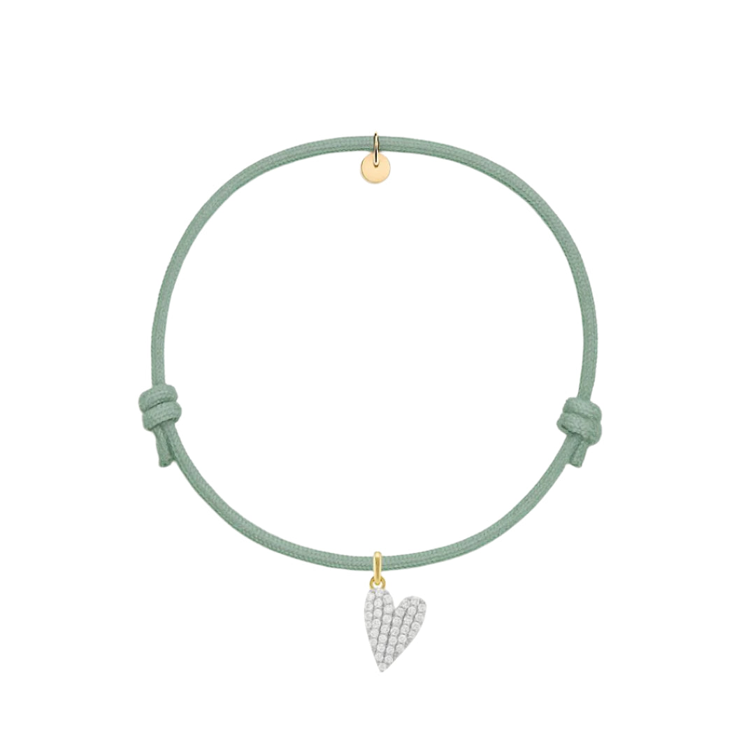 bracciale in corda di cotone cerato verde salvia con ciondolo cuore dorato