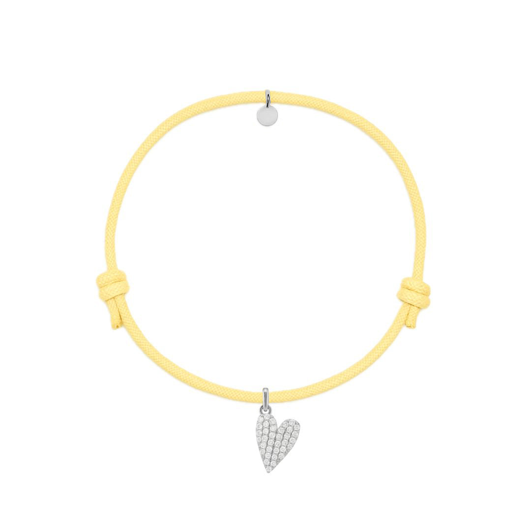 bracciale in cordino giallo con ciondolo a cuore in pavè di diamanti