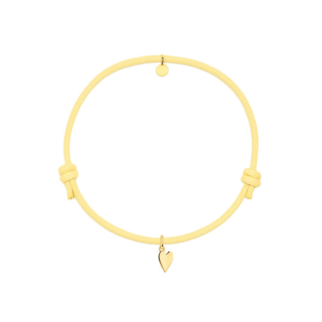 bracciale corda colore giallo personalizzabile con ciondolo a forma di cuore dorato in argento 925