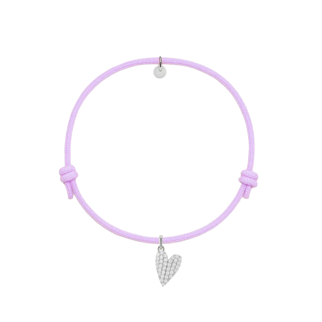 bracciale in cordino lilla con ciondolo a cuore in pavè di diamanti