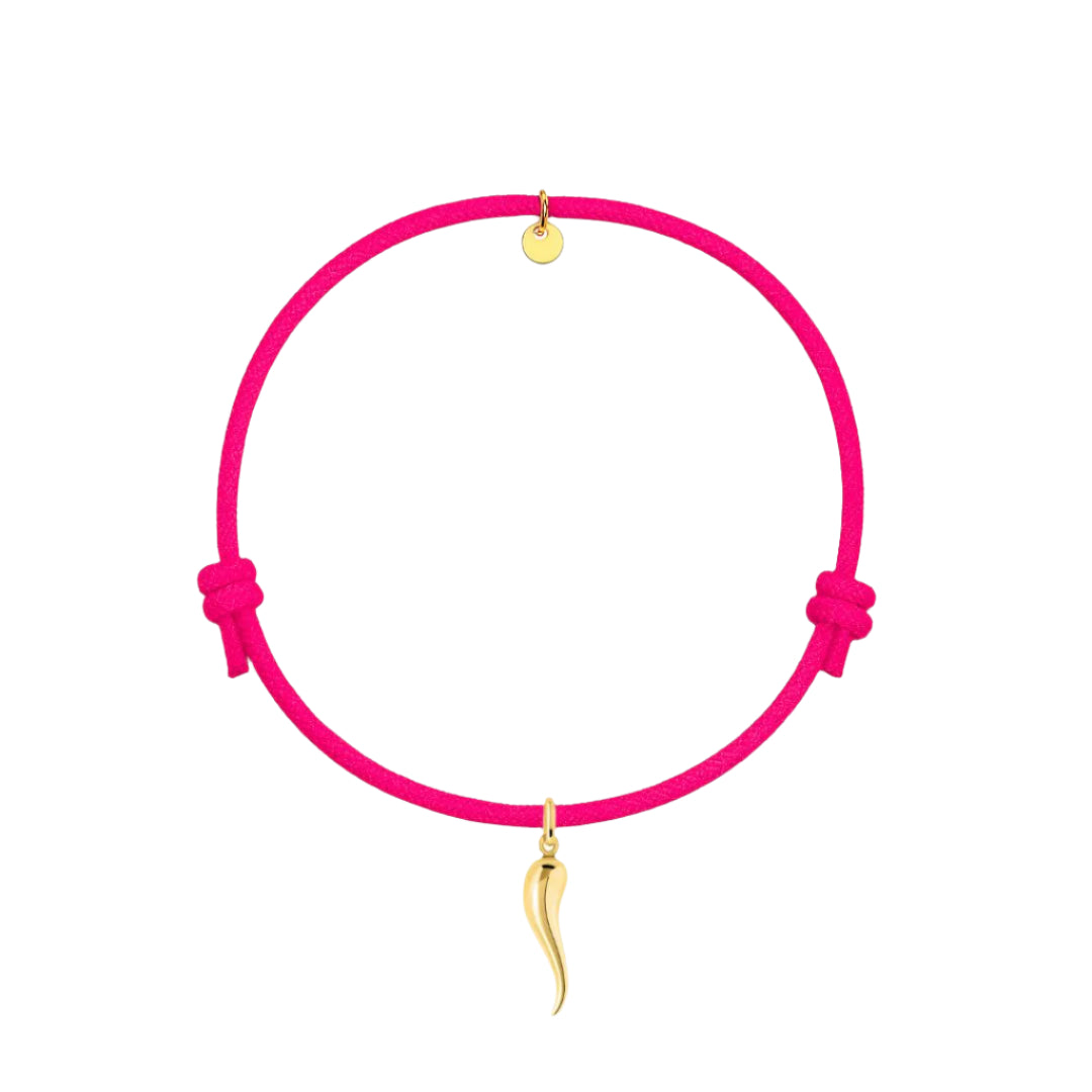 bracciale cordino fucsia con ciondolo cornetto portafortuna dorato in argento 925