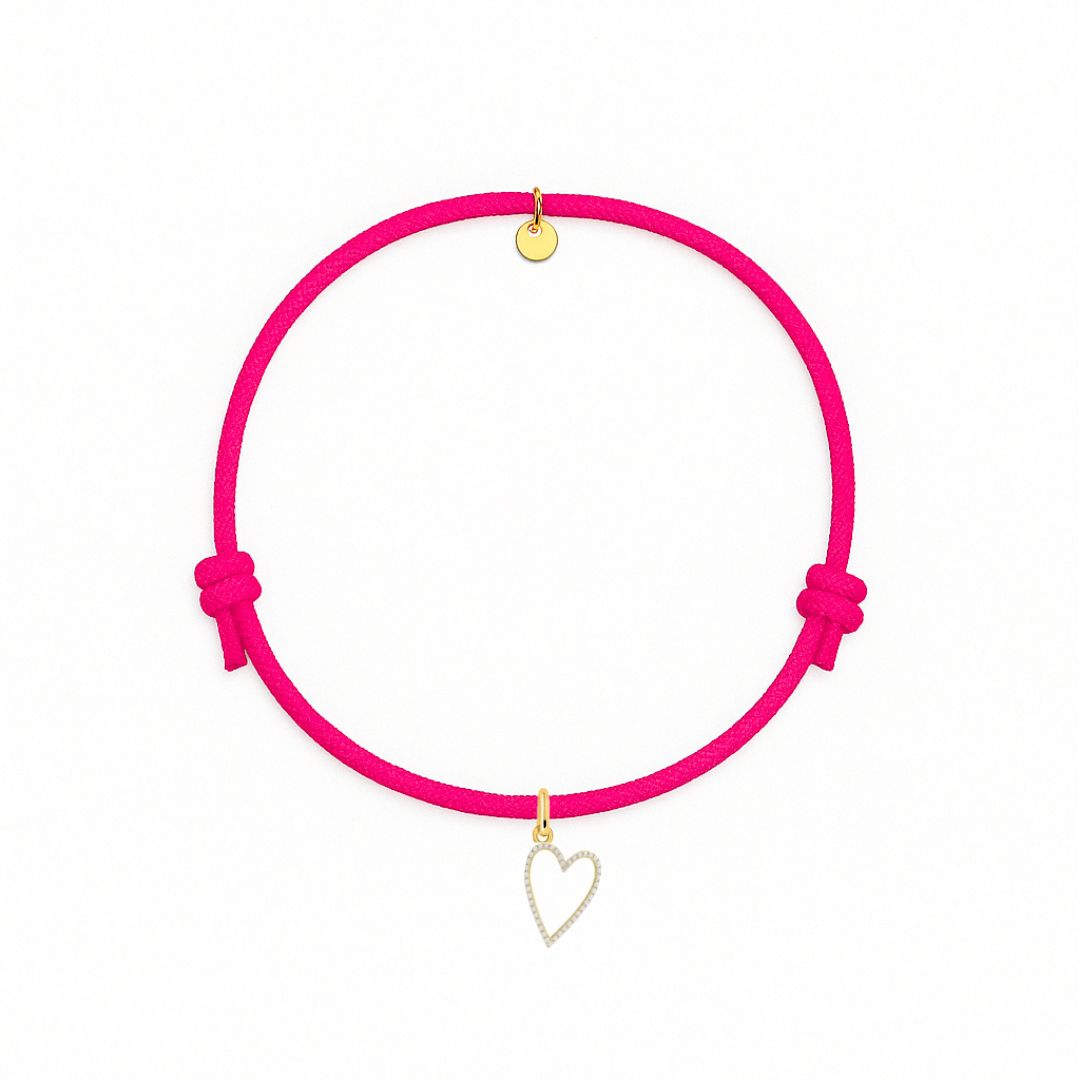 bracciale cordino fucsia con ciondolo sagoma cuore oro