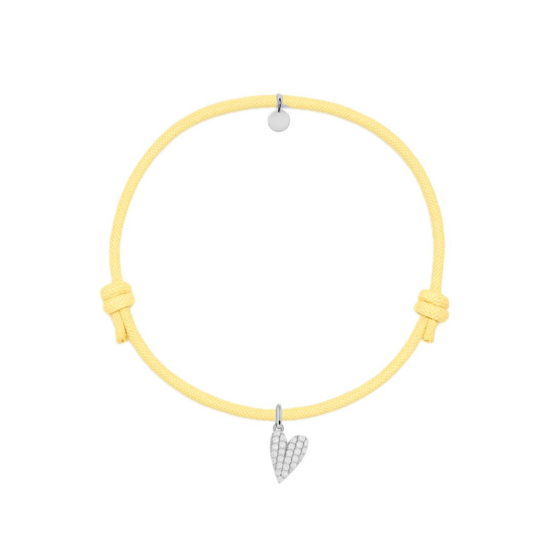 bracciale cordino giallo con charm cuore argento 925 e pave di zirconi