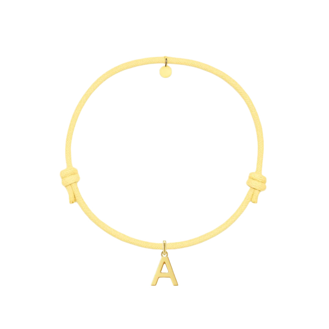 bracciale con cordino giallo e ciondolo a forma di lettera dorata in argento 925 personalizzabile