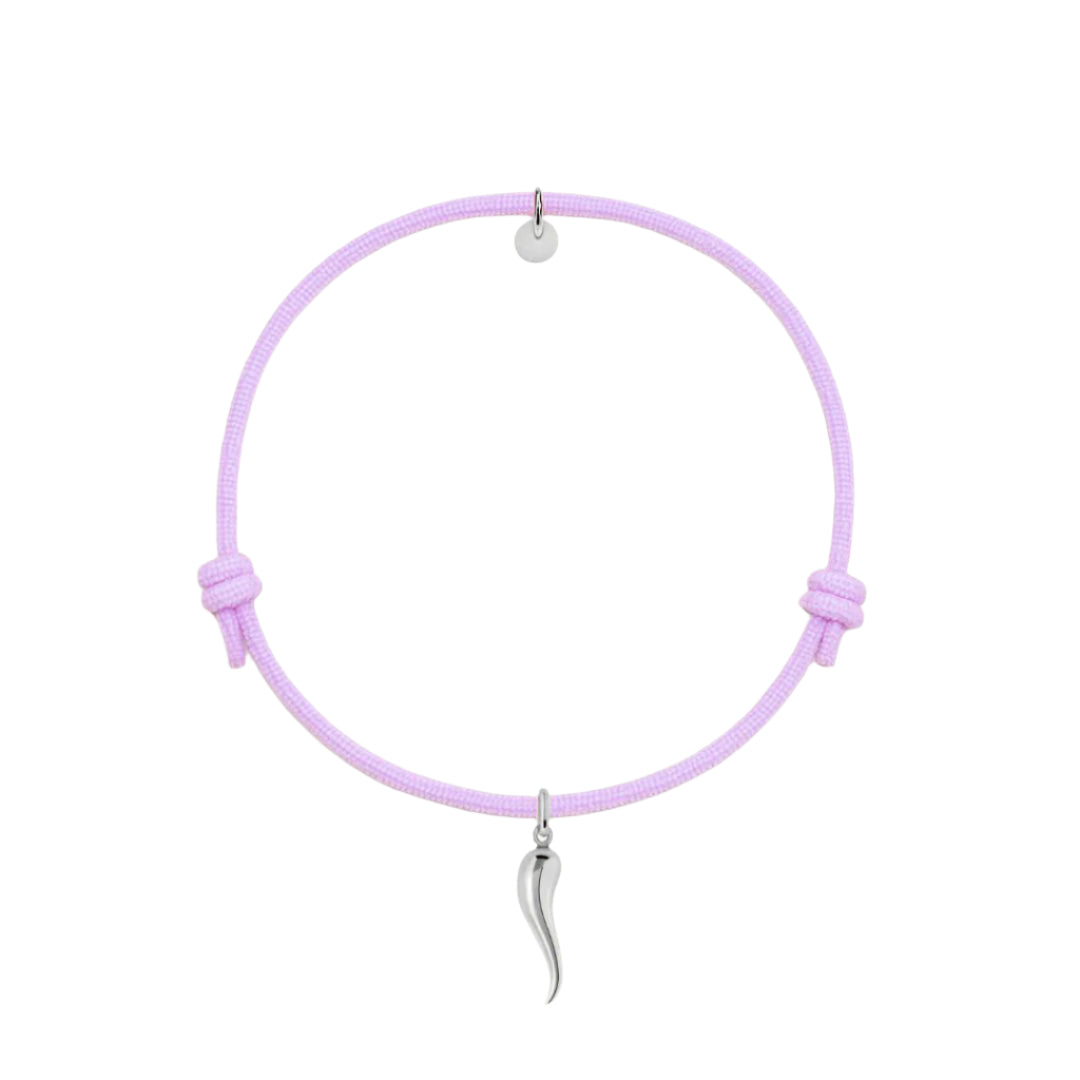 bracciale cordino glicine con ciondolo cornetto portafortuna in argento 925