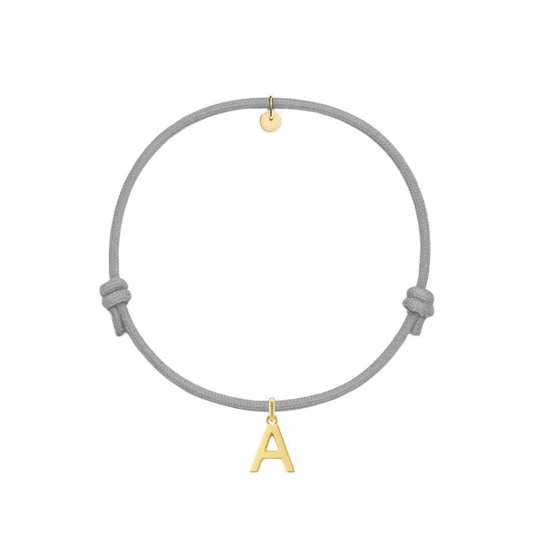 bracciale con cordino grigio e ciondolo a forma di lettera dorata in argento 925 personalizzabile