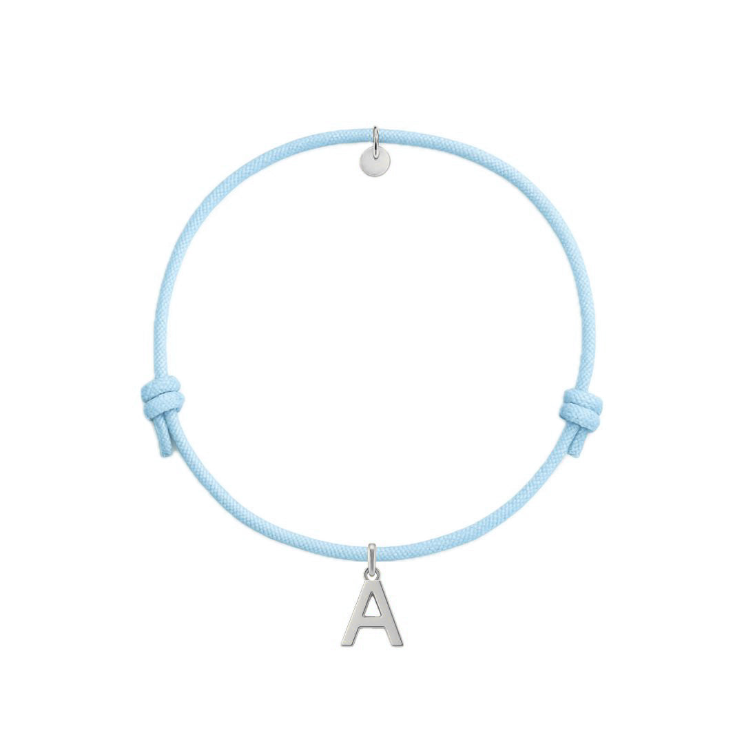 bracciale con cordino azzurro e ciondolo iniziale in argento 925 personalizzabile