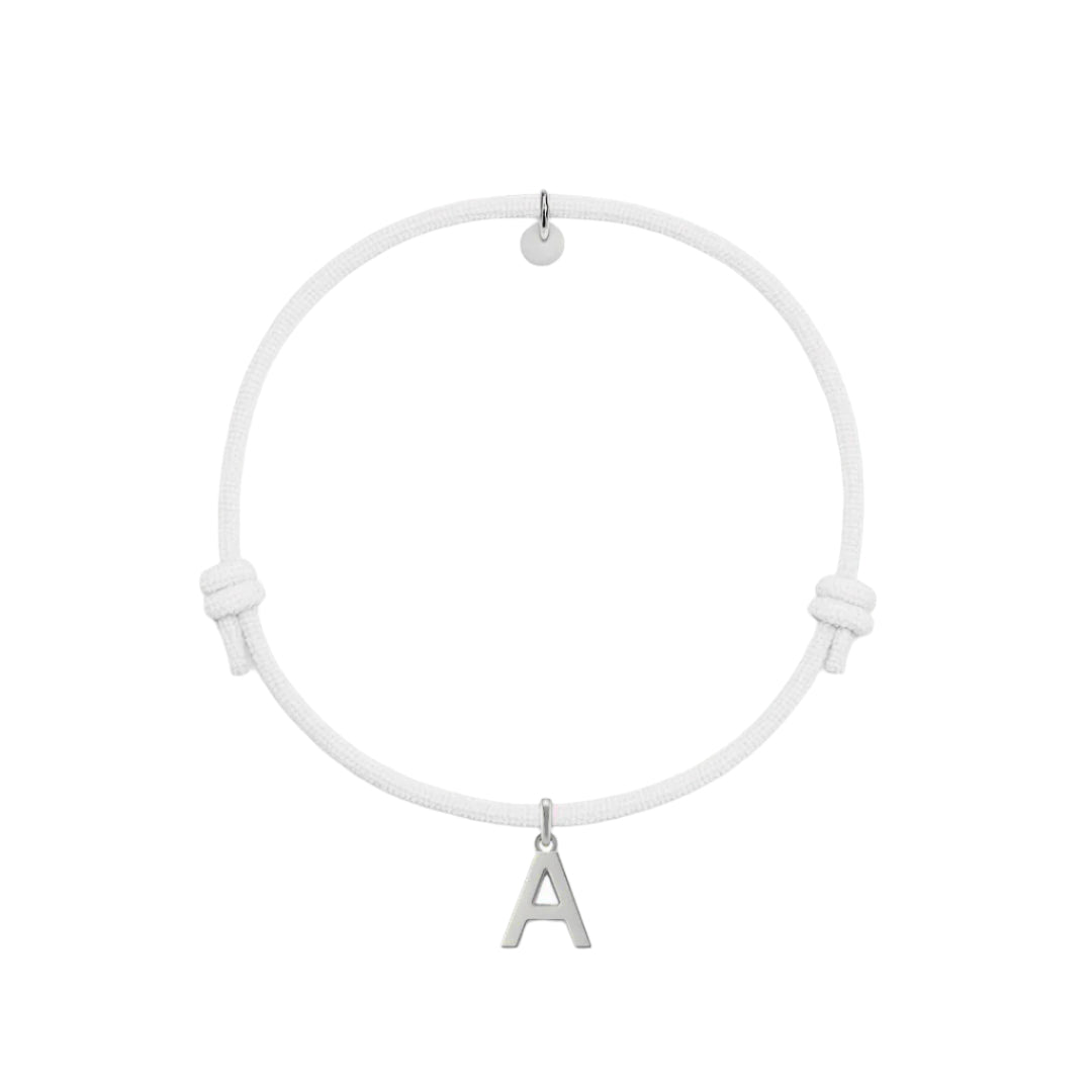 bracciale con cordino bianco e ciondolo iniziale in argento 925 personalizzabile