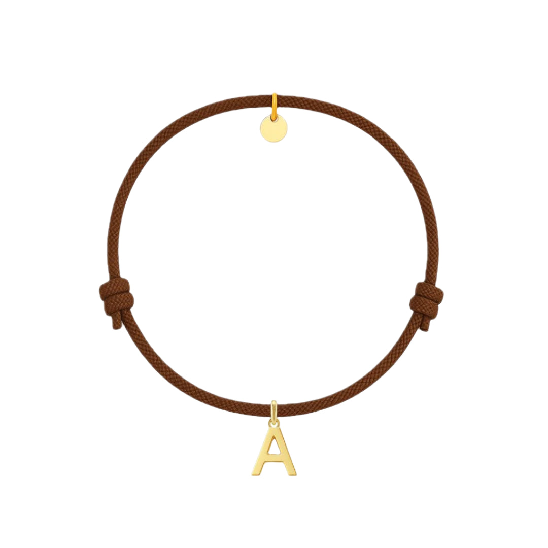 bracciale con cordino marrone e ciondolo a forma di lettera dorata in argento 925 personalizzabile