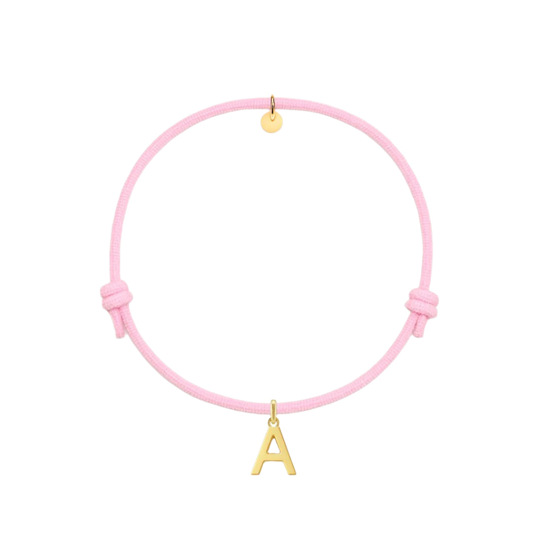 bracciale con cordino rosa e ciondolo a forma di lettera dorata in argento 925 personalizzabile