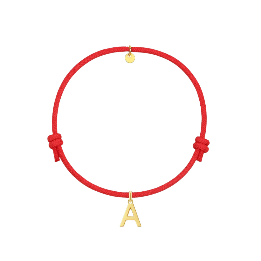 bracciale con cordino rosso e ciondolo a forma di lettera dorata in argento 925 personalizzabile