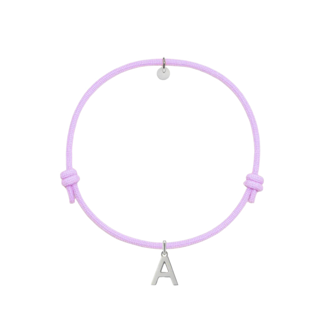 bracciale con cordino lilla e ciondolo iniziale in argento 925 personalizzabile