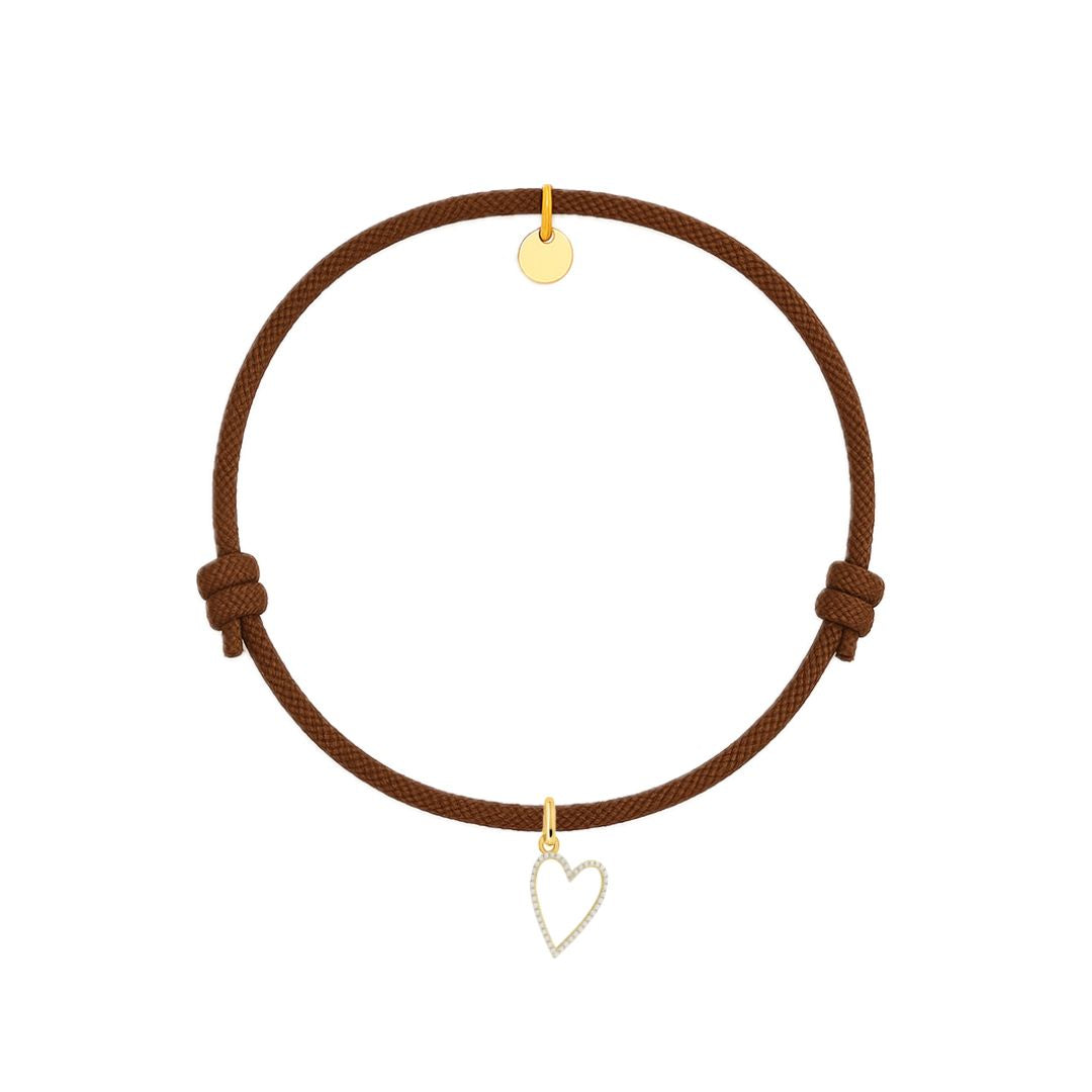 bracciale cordino marrone con ciondolo sagoma cuore oro