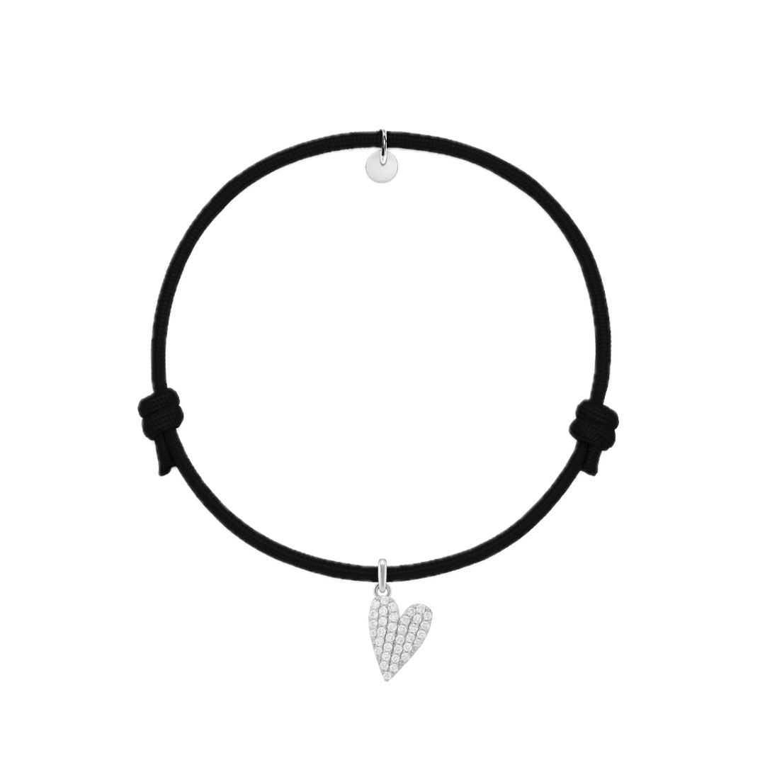 bracciale in cordino nero con ciondolo a cuore in pavè di diamanti
