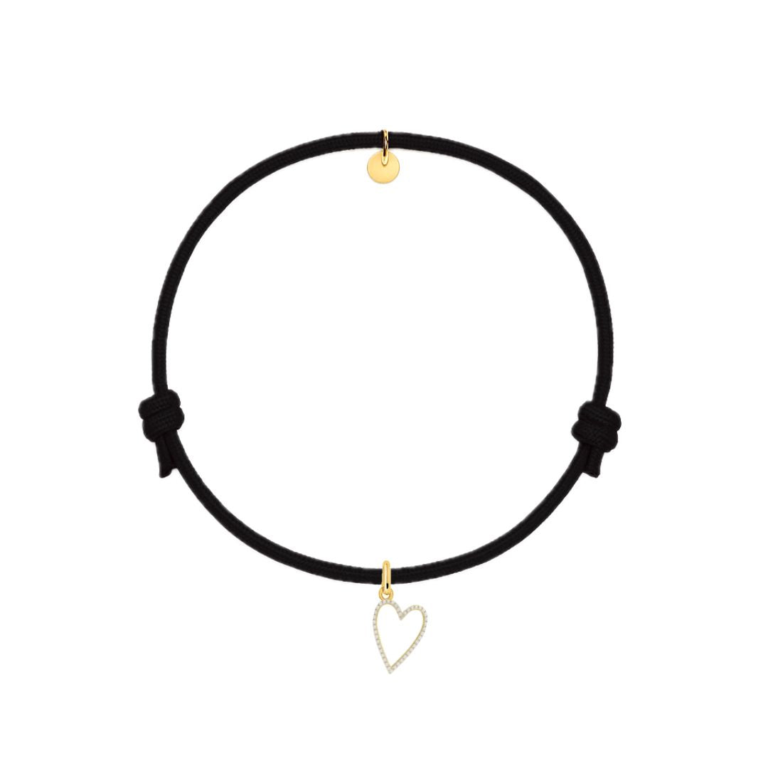 bracciale cordino nero con ciondolo oro sagoma cuore con zirconi